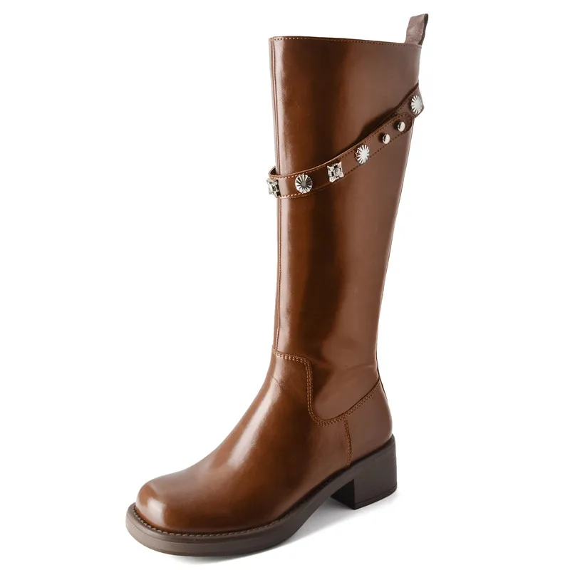 

Cow Leather Women's High Boots 2023 Autumn/Winter New British Style Round Head Thick Heel Rivet Decorative Knee-high Long Boots