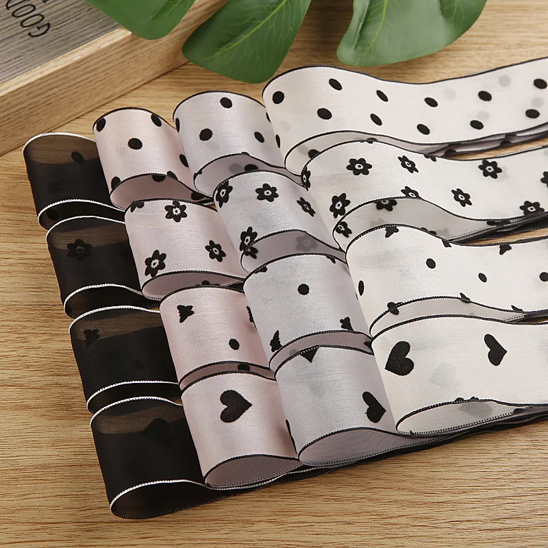 20 Yards 25MM 40MM Snow Yarn Dots Heart Hutterfly Flowers Ribbon Black White BeigeHair Bows DIY Crafts Handmade Accessories