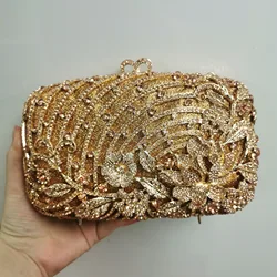 2022 New Flower Metal Diamond Evening Clutches Luxury Floral Women Crytal Wedding Purses Fashion Champagne/Silver Party Bags