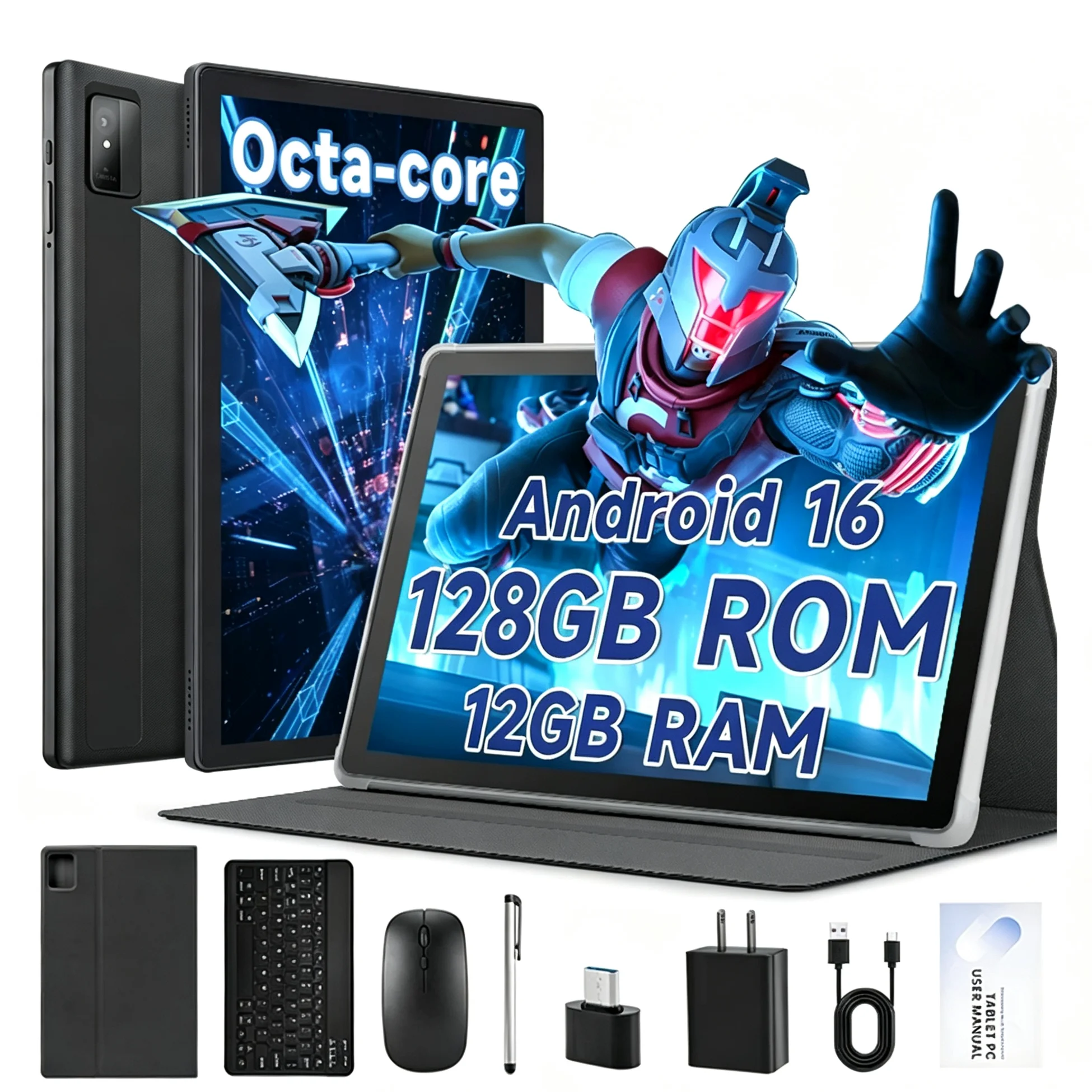 Android 16 Tablet mit Tastatur und Maus, 12GB+128GB (erweiterbar auf 1TB), 10,1 Zoll Octa-Core Tablet, WiFi 6, Dual-Kamera, 5000mAh Akku