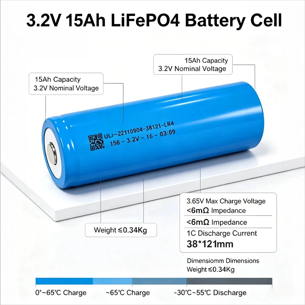 3.2V 15Ah 38121 LiFePO4 Battery Cylindrical Cell LFP Rechargeable Battery Long Cycle Grade A Bateria for 24V 36V EV Escooter