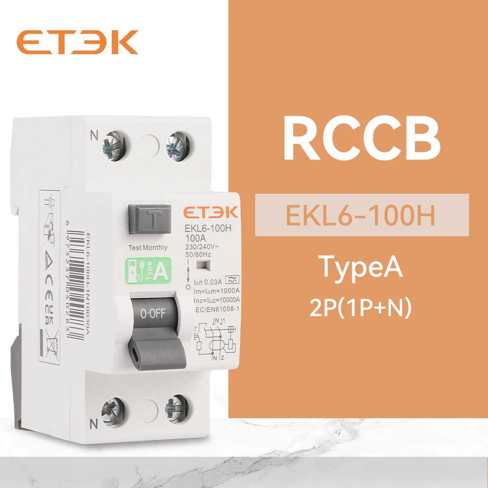 ETEK RCD RCCB Type A Electromechanic Residual Current Circuit Breaker AC 2P 2Pole 10KA 25A 40A 63A 80A 100A 230V 30ma EKL6-100H