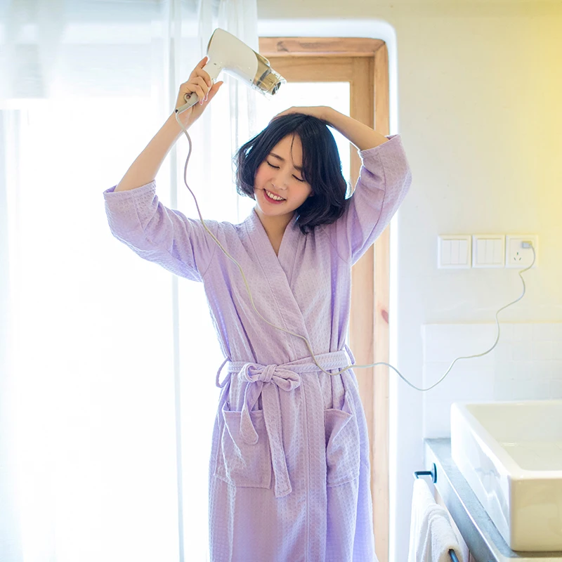

Robes Women Waffle Solid Mid-calf Autumn Winter Sleepdress Hotel Absorption Suck Water Warm Soft Breathable Lightweight Ladies