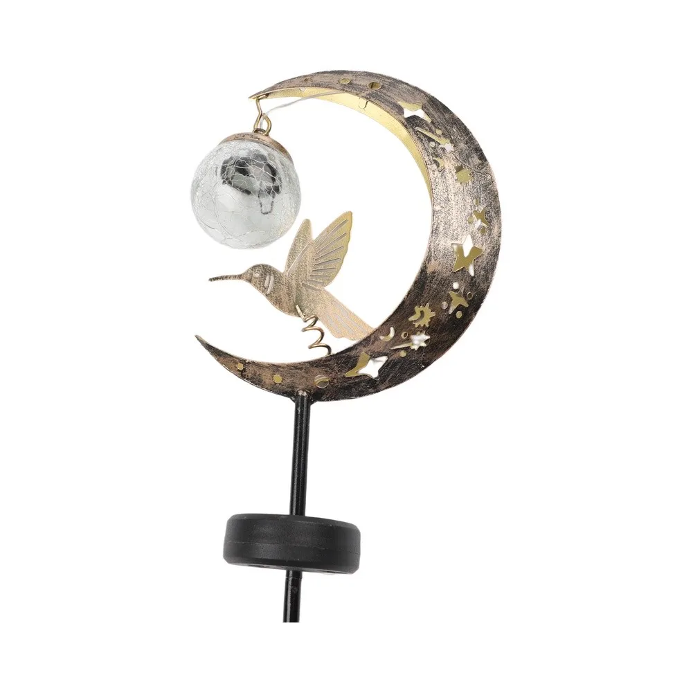 Garden Solar Light on Stake with Hummingbird Moon Illustration for Outdoor Decor Metal Build Gold 80cm Dimensions