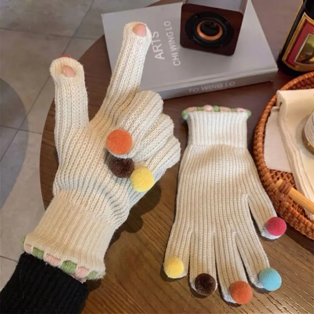 Warm Candy Pom Pom Knit Gloves Cycling Candy Color Winter Cold Proof Knitted Gloves Thermal Hand Warmers