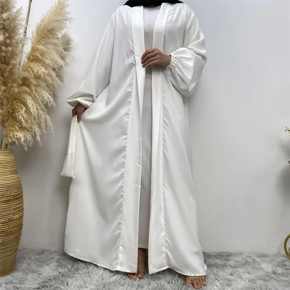 Muslim Women Prayer Dress Lace-up Cardigan with Pocket Abaya Smocking Sleeve Islamic  Robe Dubai Saudi Solid Color Turkish Abaya