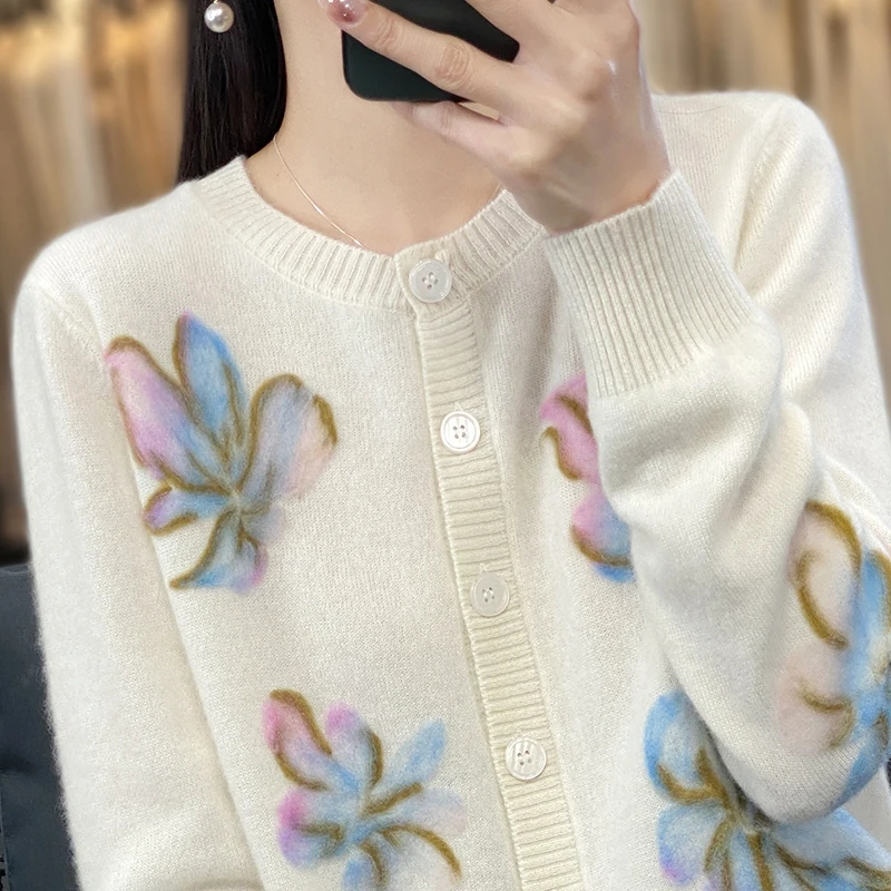 Fall And Winter New Cashmere Sweater Women\'s Round Neck Long Sleeve 100% Pure Wool Flower Stitching Loose Foreign Knit Cardigan