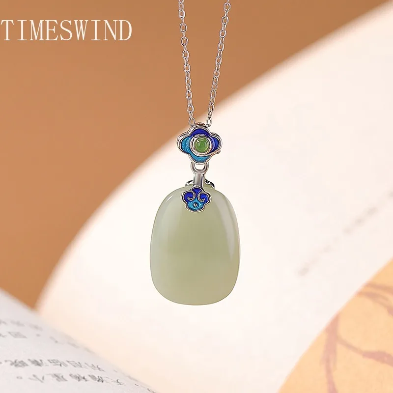 

TIMESWIND Authentic Light Green Jade Square Pendant S925 Cloud Enamel Women Necklace Fashion Jewelry with Certificate