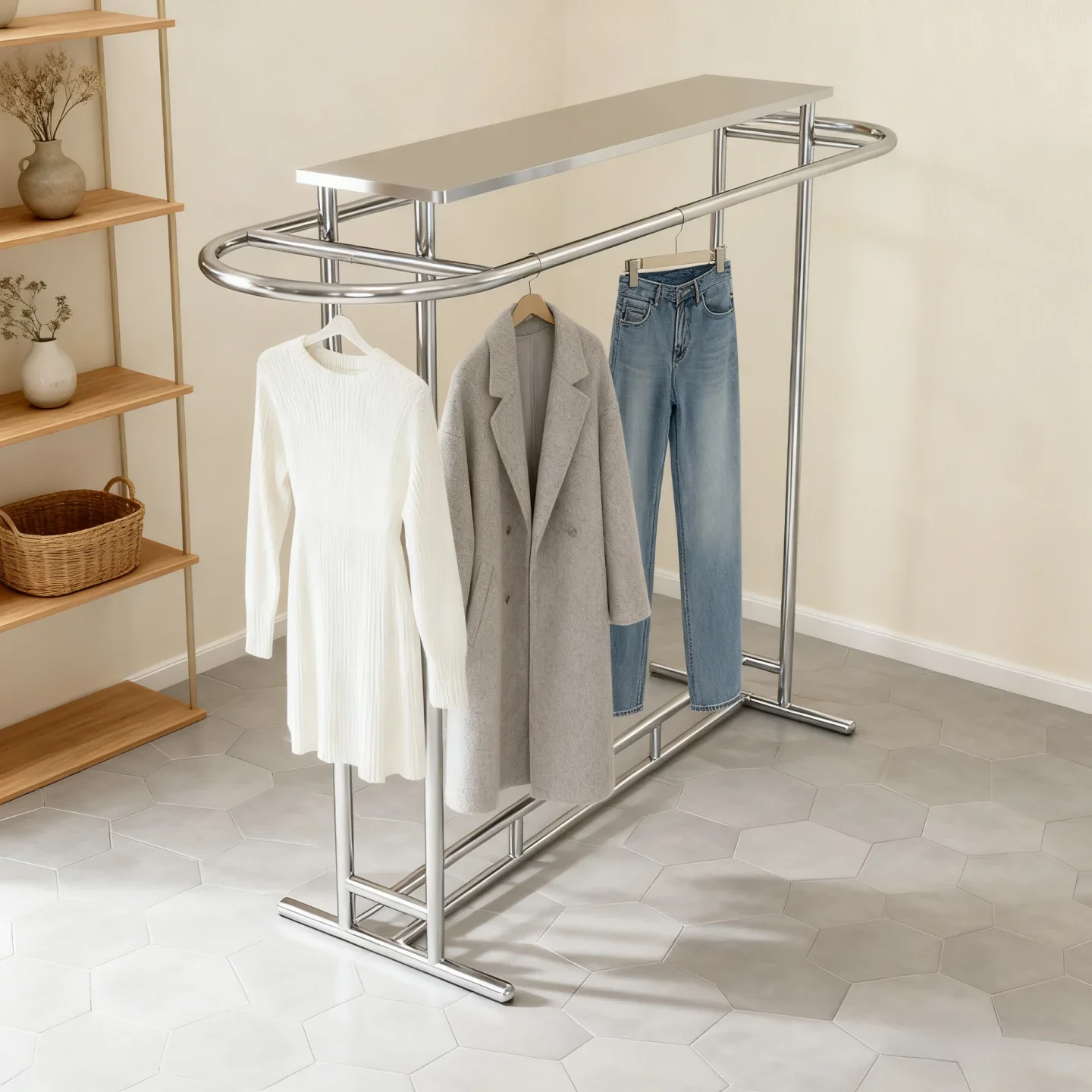 Clothing store display rack Stainless steel silver Nakajima double-row hanging clothes rack display rack Floor-to-ceiling women'