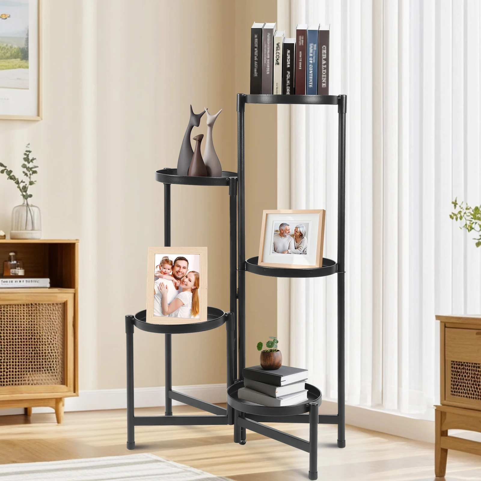 

5-Tier Folding Green Plant Tall Rack with Wide Tray Multi-Layer Plant Pot Storage Bracket Floor-Standing for Living Room/Balcony