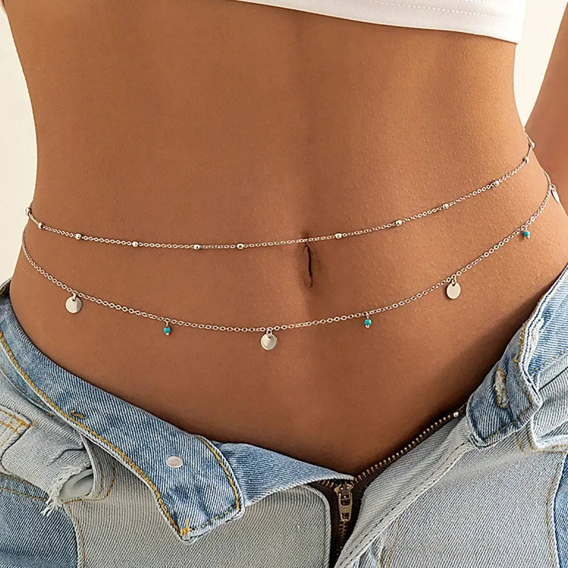 Minimalist Tassel Sequin Double Layer Chain Casual Pants Chain Hip-hop Body Chain Fashionable Retro Turquoise Waist Chain
