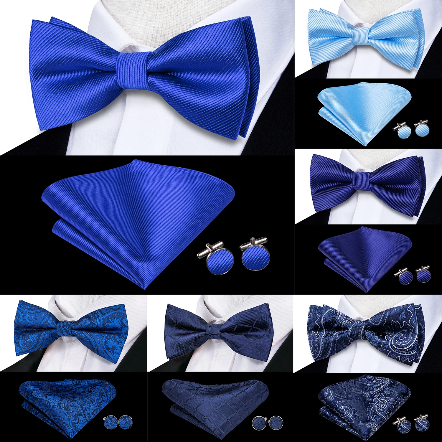 

Hi-Tie Silk Mens Bow Tie Hankerchief Cufflinks Set Navy Royal Sky Blue Pre-tied Butterfly Knot Bowtie for Male Wedding Business