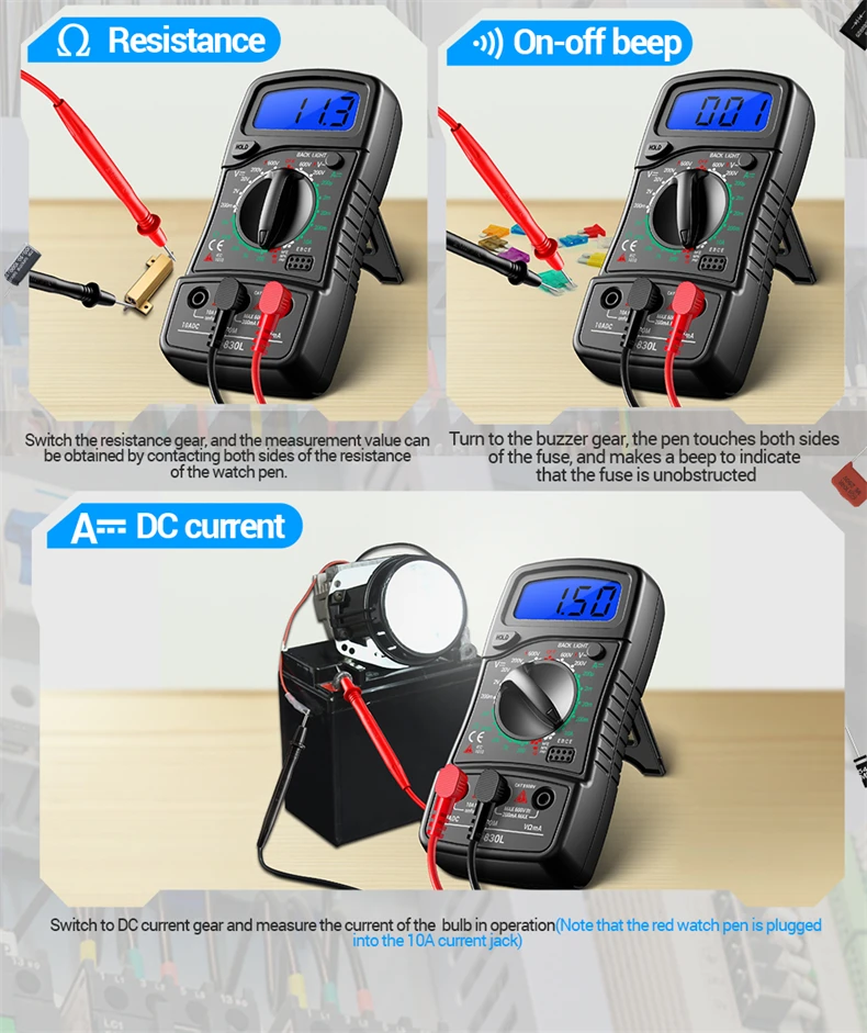 ANENG XL830L LCD-Hintergrundbeleuchtetes Multimeter 1999 Messungen 600V AC/DC Spannung DC 10A Strom Widerstand Dioden HFE Detektor mit Datenhaltefunktion – Detail 11