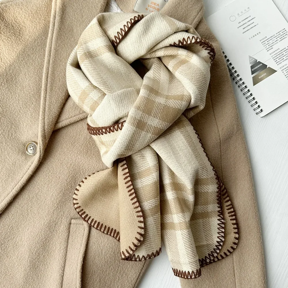 Double-sided Cashmere Scarf for Women Exquisite Hem Square Pattern Different Color Winter Luxury Scarves 185*45cm New