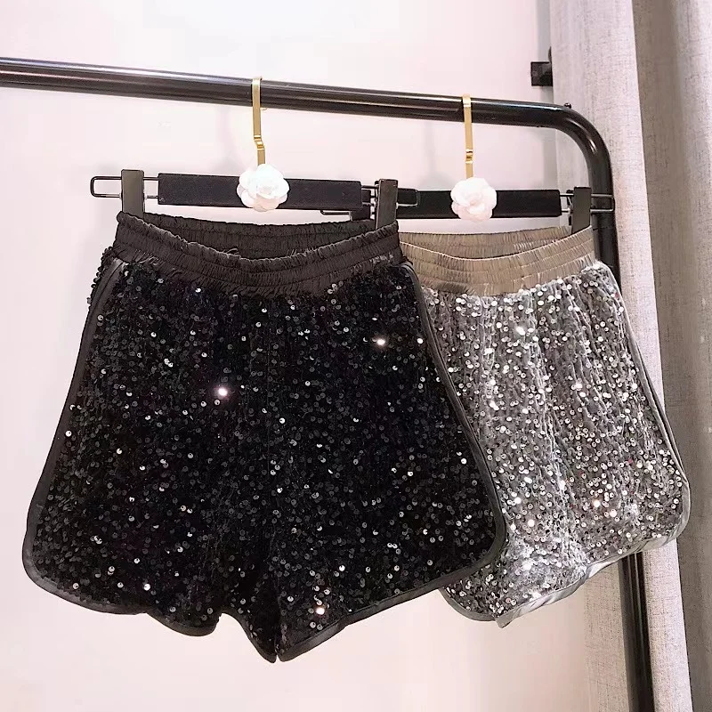 Industry Beads Heavy Sequined Women Elastic High Waist Black Wide Leg Shorts 2023 Summer New Slimming Casual Short Pants