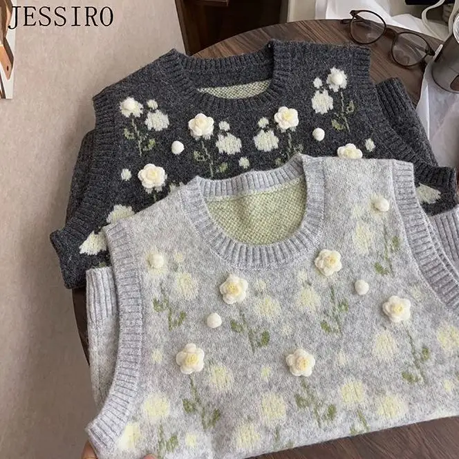 

Весенне-осенний стиль, простой трехмерный вязаный жилет с цветочным принтом, женский свободный повседневный универсальный свитер без рукавов