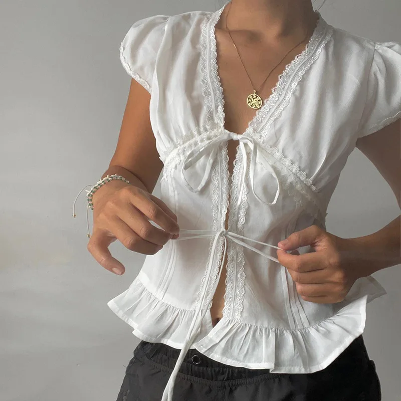 

Женский кружевной кардиган в стиле пэчворк с V-образным вырезом, сексуальными рукавами-пузырьками и подкладкой с рюшами по краям