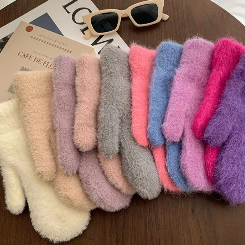 New Cute Rabbit Wool Gloves Winter Warm All Finger Mittens Solid Color Plush Gloves Handmade Fashion Thicken Fingerless Gloves