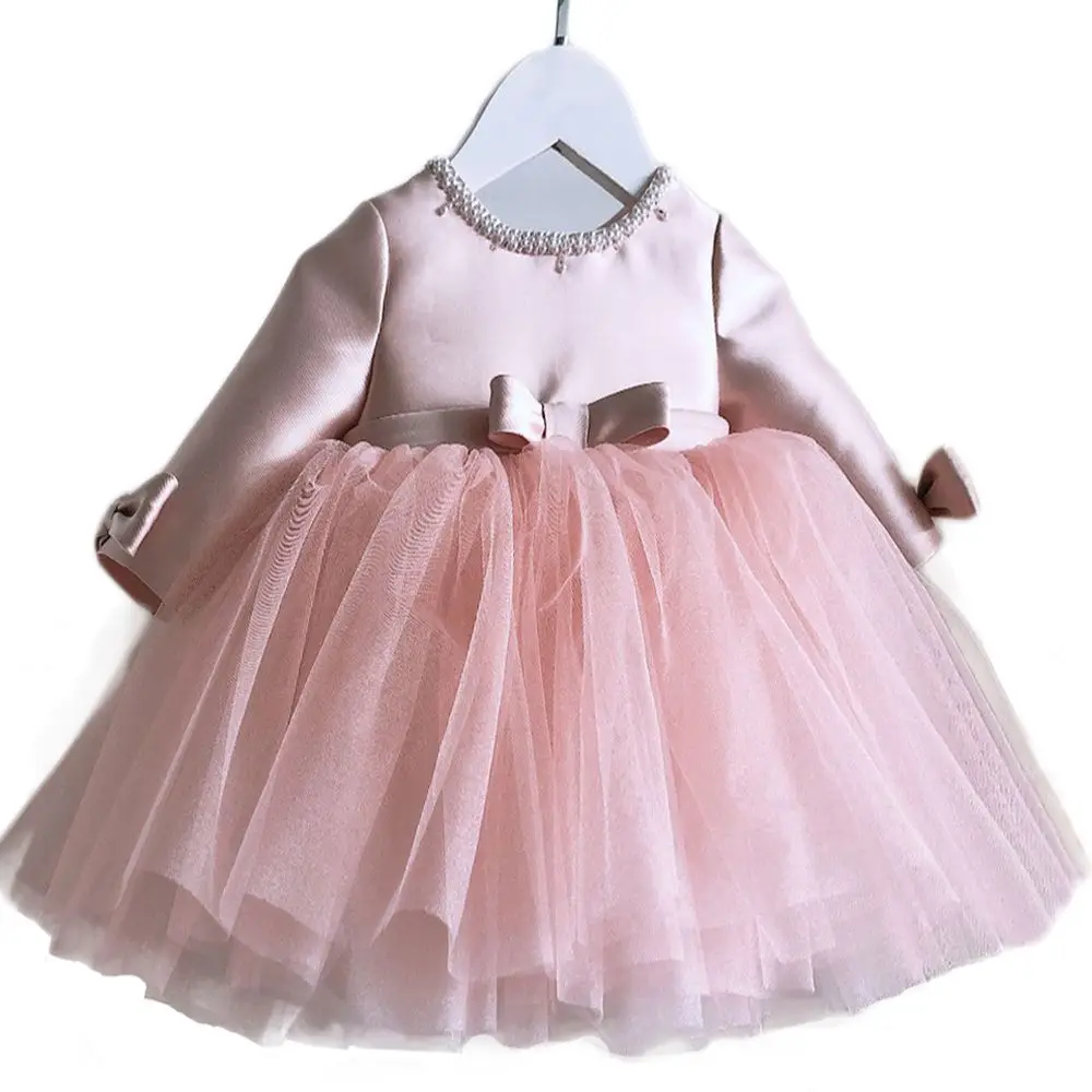 Vestido de satén de manga larga hasta la rodilla para niñas pequeñas, flores Lila, para ceremonias de cumpleaños, fiesta de boda, 1-9 años, 2023