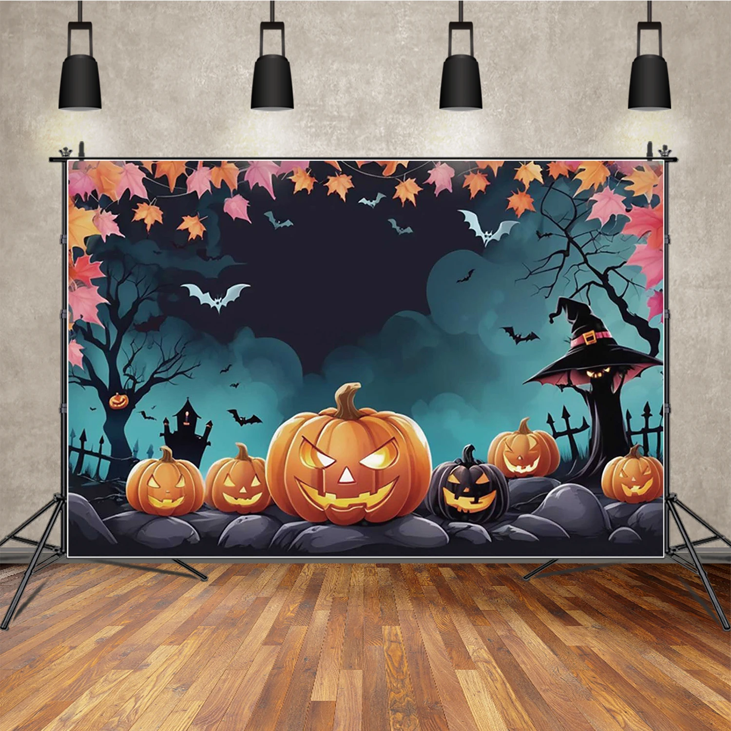 

MOON.QG Halloween Night Pumpkin Maple Bats Photo Background Photography Backdrop Party Decorations Birthday Baby Shower Boy girl