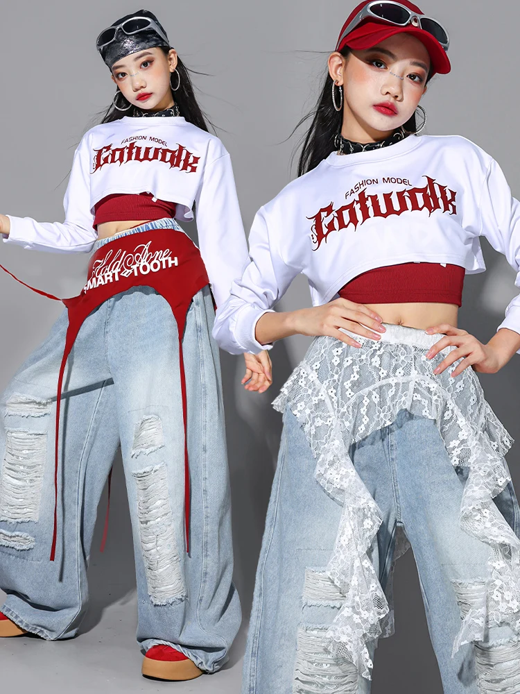 2025 Kinderen Jazzdans Kostuum Kpop Hip Hop Kleding Wit Crop Top Baggy Broek Meisjes Street Dance Show Prestaties Slijtage 2751