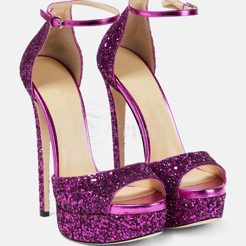 Rose Sequins Open Heels Women Platform Stiletto Sandals Colorful Shiny Bling Cover Buckle Pump Casual Elegant Purple Dress Shoes