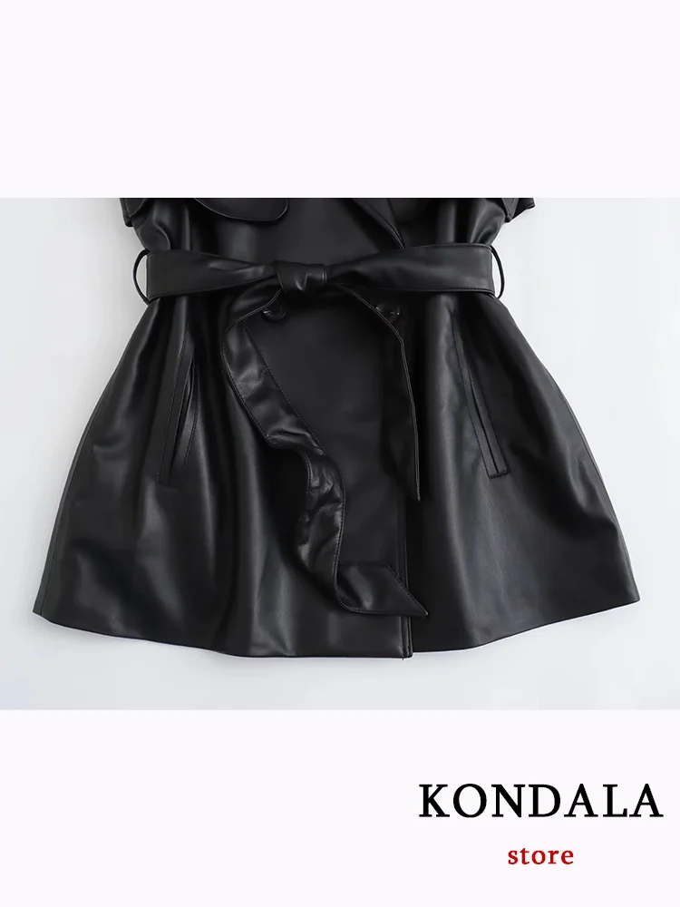 KONDALA Vintage Chic Women Leather Jackets Solid Belt O-Neck Warm Coats New Fashion 2023 Autumn Winter Female Jackets Outwears