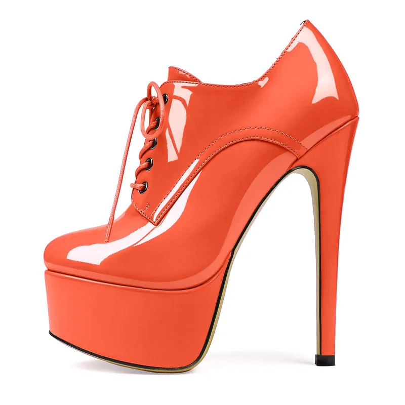Candy color Fuchsia Orange Patent Leather Platform Ankle Boots Stiletto High Heels Zipper Side Lace- Up Stage Woman Short Boots