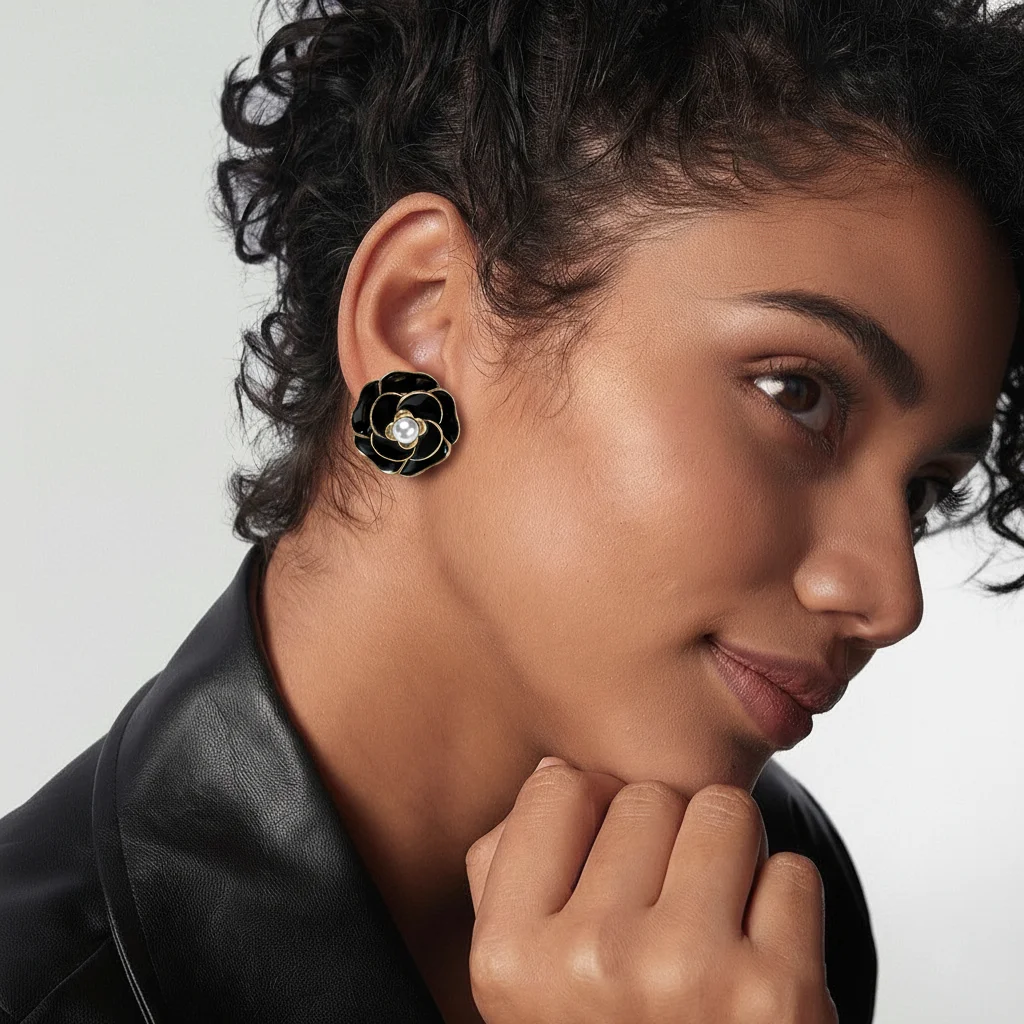 YHTOT خمر قطرة الزيت الأسود زهرة الأذن ترصيع الفولاذ المقاوم للصدأ الأقراط المعدنية الثقيلة السيدات مجوهرات هدية حفلة