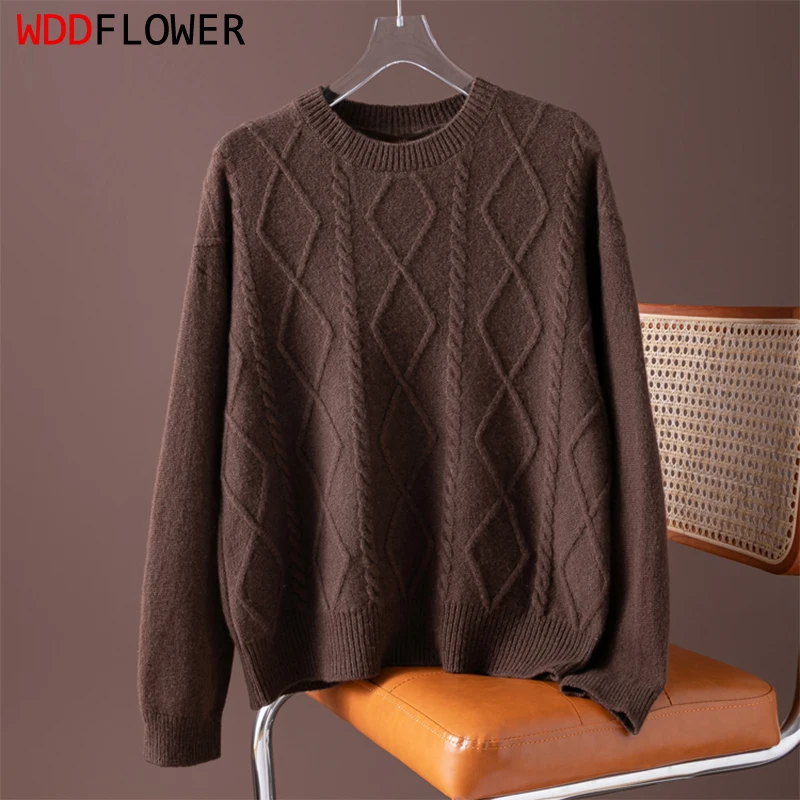 

Женский свитер из 100% натуральной шерсти, коричневый вязаный пуловер с круглым вырезом и длинными рукавами, теплый осенне-зимний топ M1480