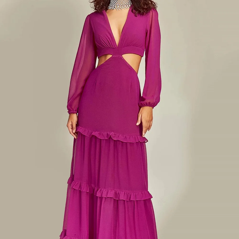 

Dubai Evening Caftan Dress V-Neck Chiffon Long Sleeves Straight Floor Length Pleats Solid Color Tiered Special Occasion Gowns