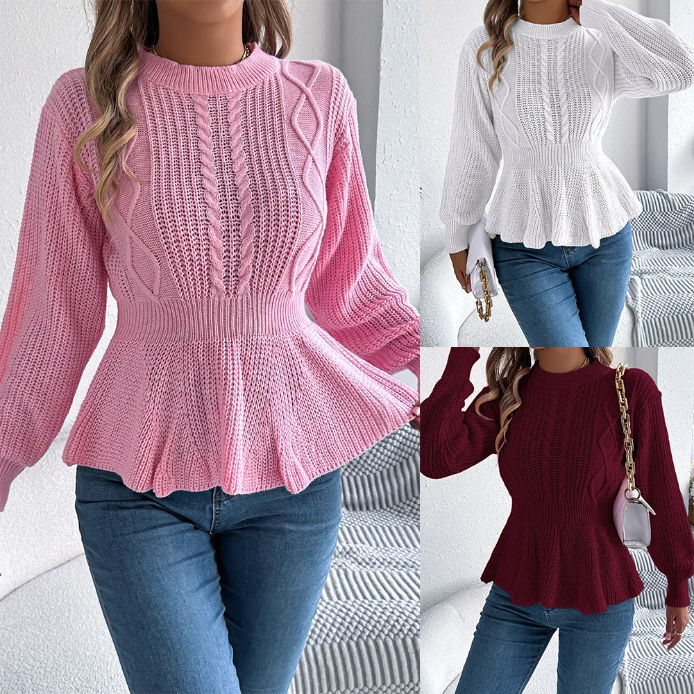 

Autumn And Winter Solid Fried Dough Twists Ruffle Long Sleeve Pullover Sweater Women's Slim Pink Round Neck Knit Tops