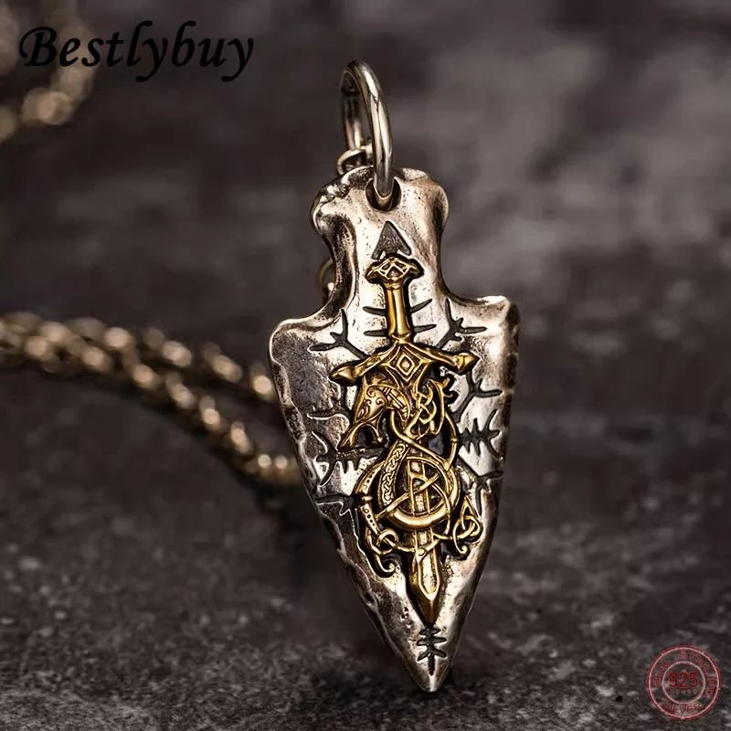 

925 Sterling Silver Personalized Viking Dragon Sword Stone Spear Necklace Pendant Men's Original Design Lucky Gift