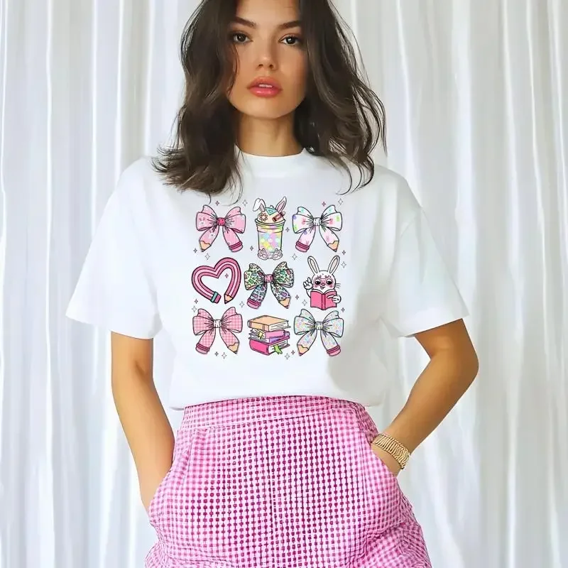 Easter Teacher Retro Coquette Bow And Bunny T Shirt Staple Appreciation Spring School