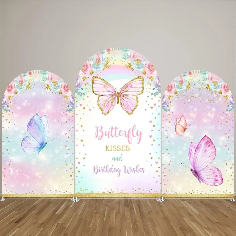 Mehofond Arch Backdrop Covers Flowers Customize Girl Butterfly Kisses and Birthday Wishes Party Gold Pink Baby Shower Decoration