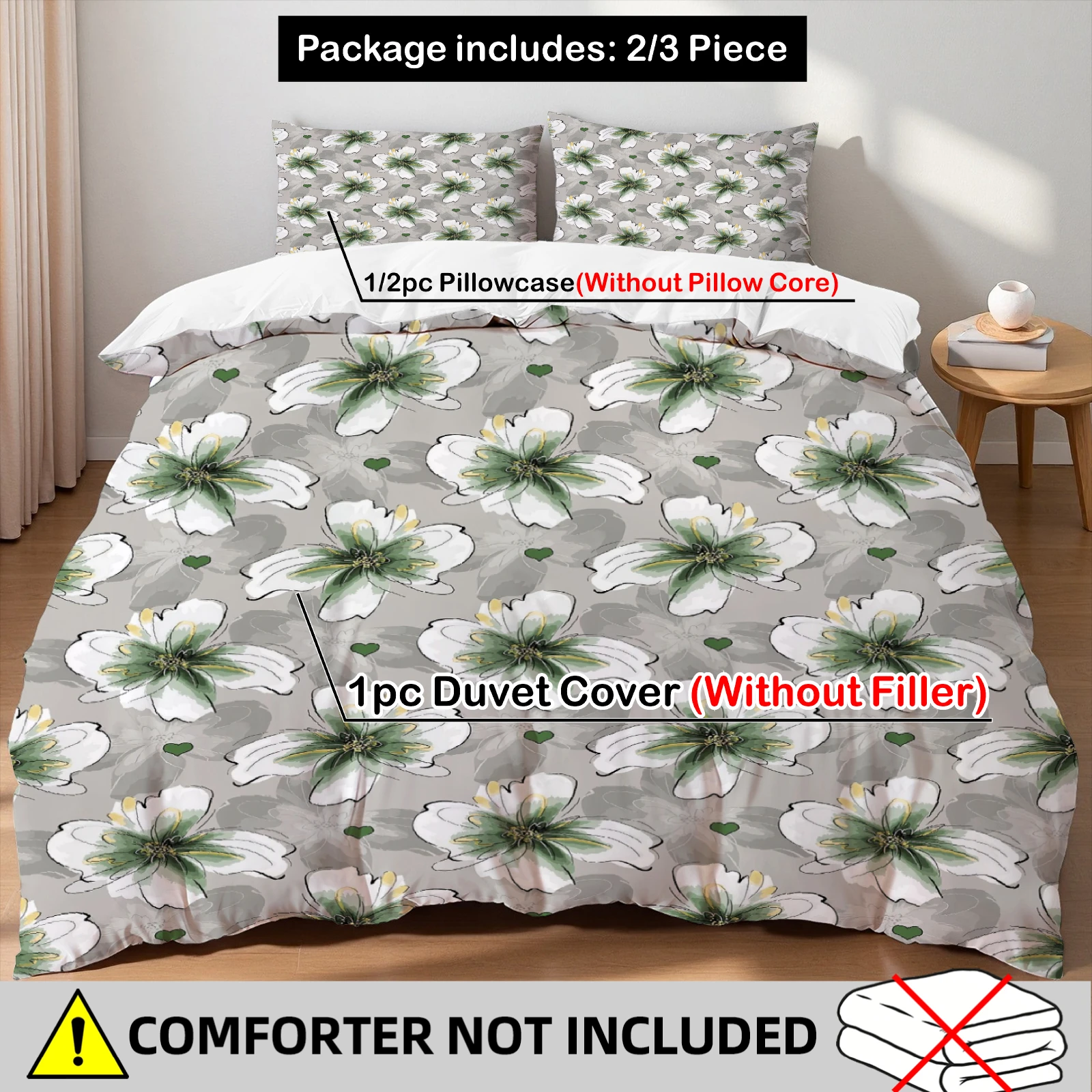 3PCS Duvet Cover Set Scandinavian Minimalist Floral Style Print Duvet Cover With 2Pillowcases Single Twin Queen Size Bedding Set