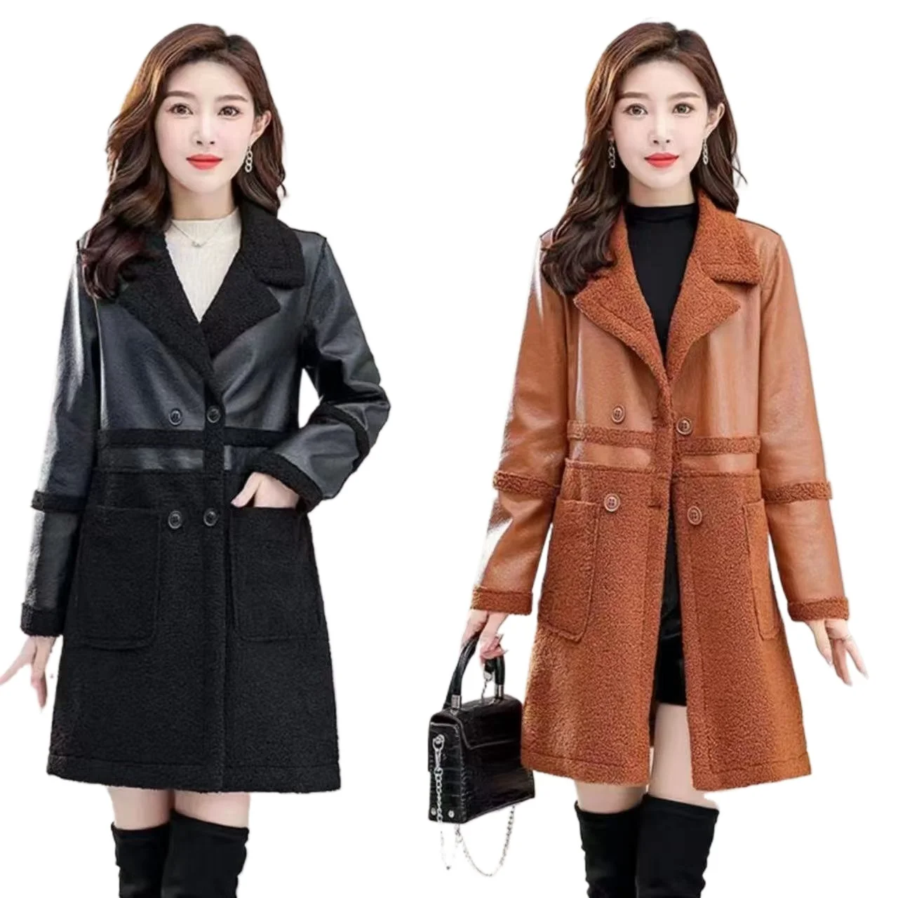 

Both Sides Autumn winter leather jacket velvet warm loose korean fashion plus-size women's faux fur coats PU clothing JJ539