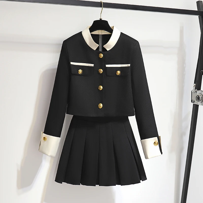 Small Fragrant Colorblock Blazer Coat Skirt Suit Women's Clothing Double-breasted Tunic Jackets + High Waist Pleated Mini Skirts