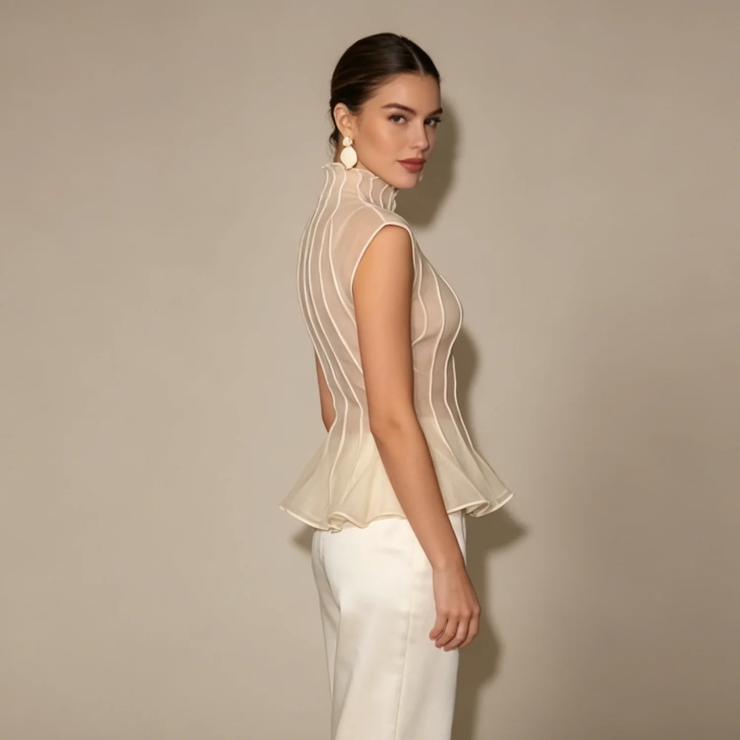 LIMO 2026 New Women Sheer Organza Blouse Sleeveless High Neck Ruffle Peplum Top Elegant Party Shirt