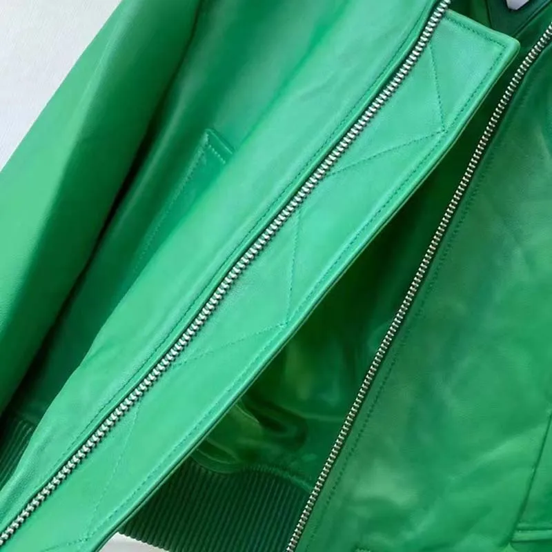 Jaqueta de couro genuíno feminina primavera e outono curto comprimento nova chegada gola o-pescoço cor verde outerwear