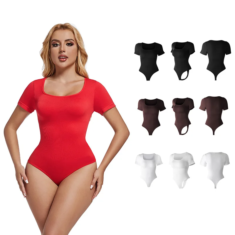 

2025 Hot-selling Square Collar Waist Corset Close-fitting Seamless Short-sleeved Shapewear Jumpsuit Women's Top Europe America