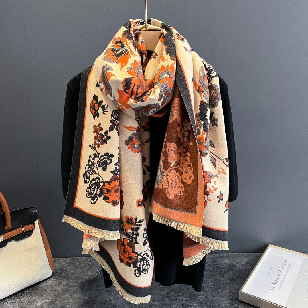 Women Oil Painting Faux Cashmere Scarf Floral Print Fringe Shawl Thick Warm Stole Wrap Cape for Autumn Winter Daily Outfits
