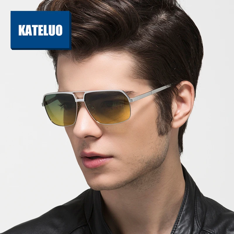 

KATELUO Yellow Day Night Vision Goggles Anti-glare Driver's Glasses for Men Square Polarized Gradient Lens Mens Sunglasses 8549