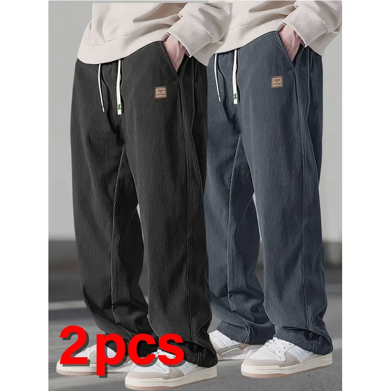 Winter Male 2-Pack Men's Fleece Warm Corduroy Drawstring Casual Pants Man Cold Weather Clothing Clothes Thermal Lined Sports