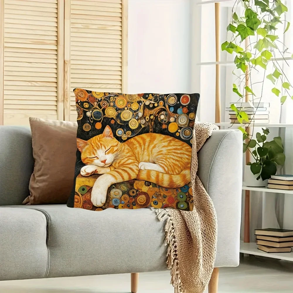 2D flat- Vintage Art Nouveau Sleeping Ginger Cat Throw Pillow Cover Luxury Gustav Klimt Style Decorative Cushion Case