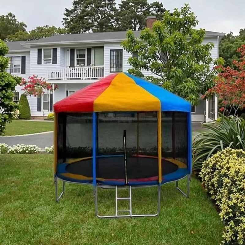 

6ft - 16ft Outdoor Family Yard Big Kids Jumping Round Outdoor Trampoline Park With Roof for Kids's Amusement1