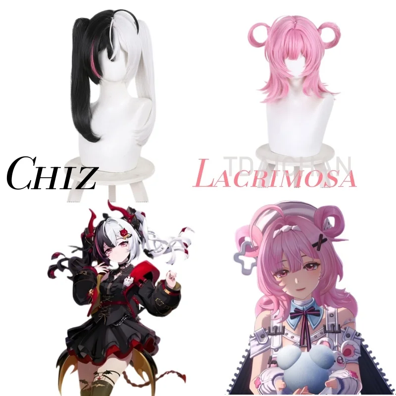 

‌NTE Lacrimosa Cosplay Wig Black & White Split-Color Twin Tails with Pink Highlight Chiz‌ Pink Short Flipped Ends costume