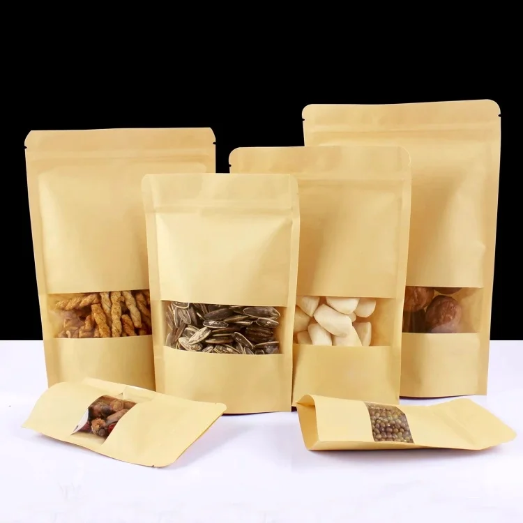 Sac d\'Emballage Ziplock en Papier Kraft avec Fenêtre Transparente, Pochettes de Rangement pour Collation Debout, Sucre, Café, Bonbons, Dates, Bancs