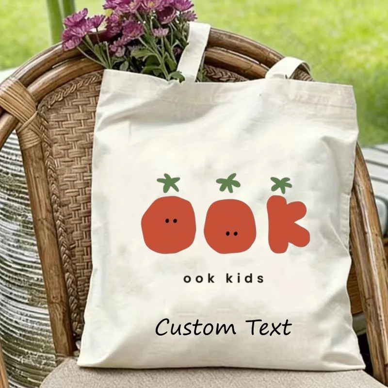 1PC Custom Text Black Canvas Tote Bag Cute Cartoon Tomato OOK Print Reusable Shoulder Shopping Bag Personalized Gift