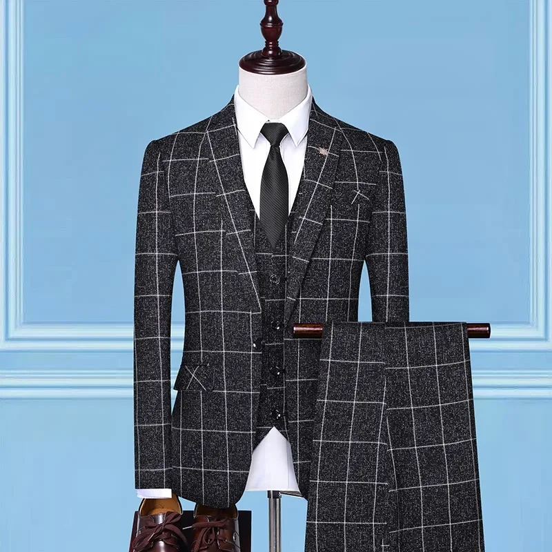 Boutique (Blazer + Vest + Trousers) Fashion Business Casual Gentleman Men\'s Italian Style Elegant Plaid Slim Formal 3-piece Suit